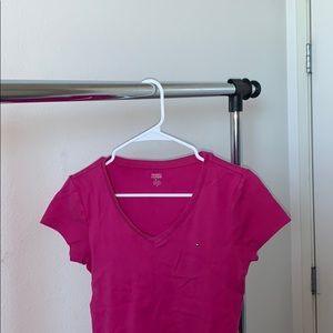 Hot pink V-neck shirt